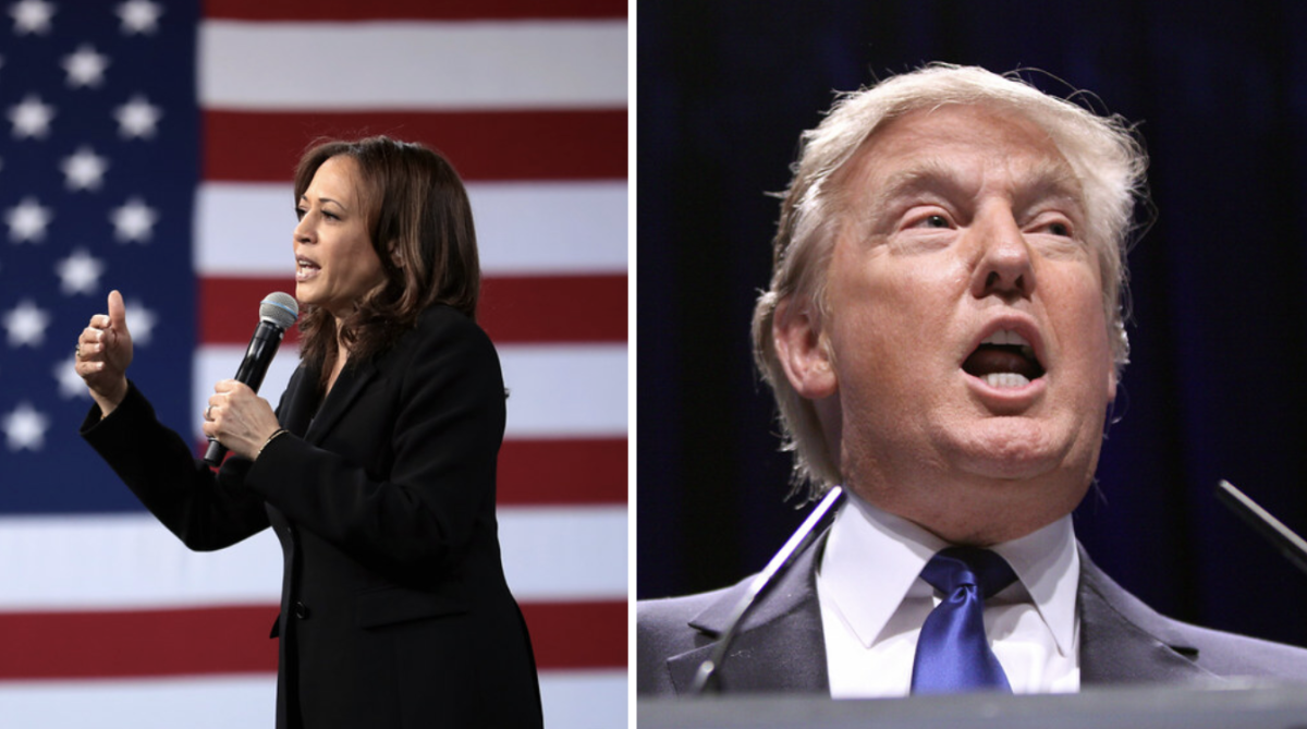 A side-by-side shot of Vice President Kamala Harris and Former President Donald Trump, taken by Gage Skidmore in 2019 and 2011, respectively, and licensed under Creative Commons.